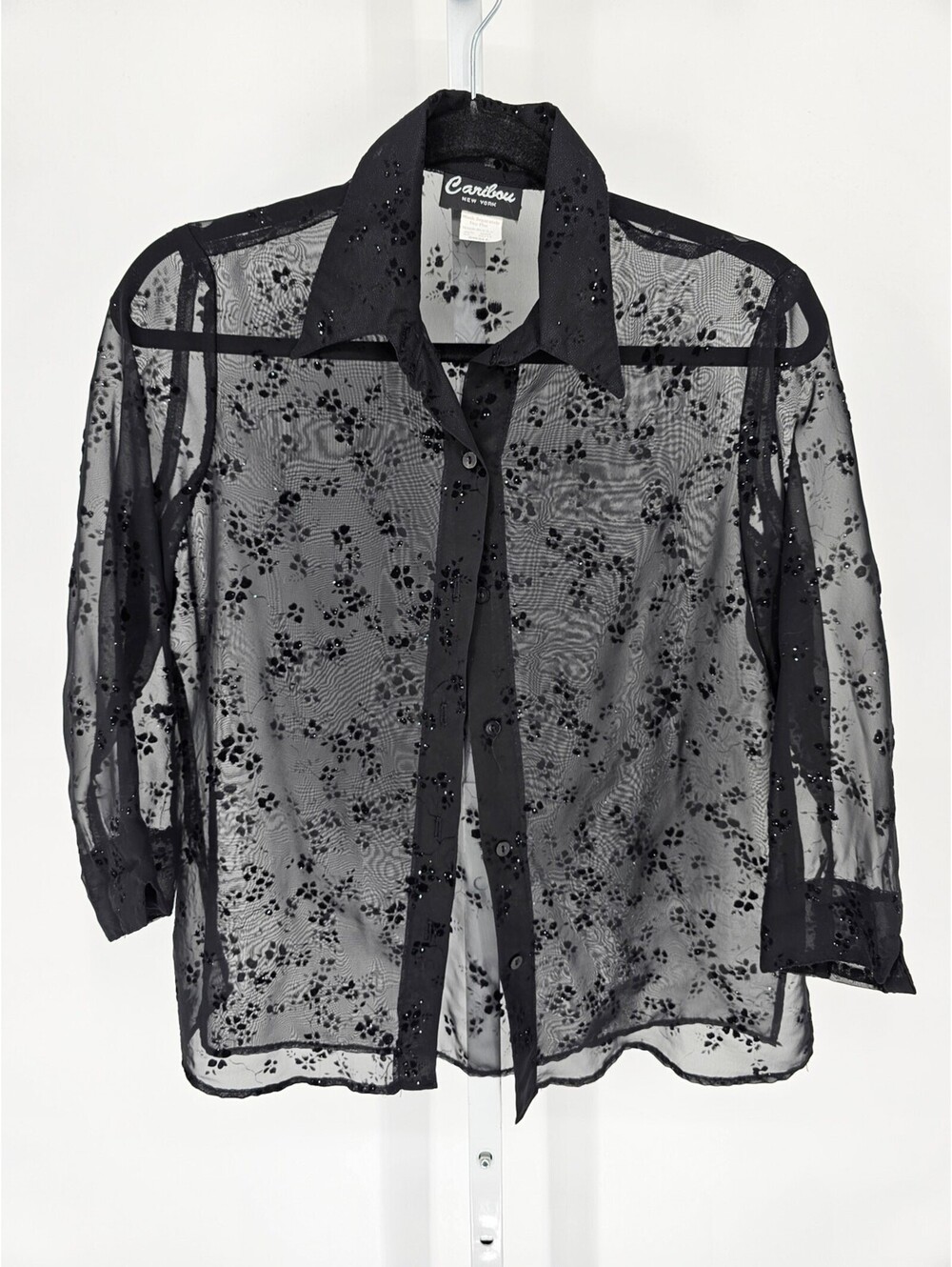 Vtg Caribou Womens Sz S 3/4 Sleeve Sheer Formal Blouse Black Embellished